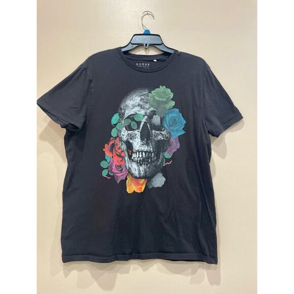 GUESS T-SHIRT SKULL ROSES GRAPHIC PRINT SIZE LARGE BLACK EMO GOTHIC CORE - Picture 10 of 12
